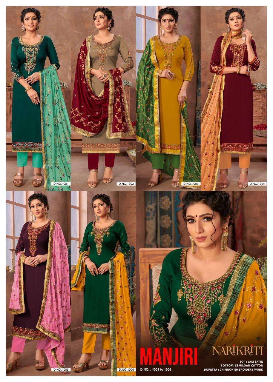 MANJIRI BY NARIKRITI 1001 TO 1006 SERIES BEAUTIFUL STYLISH SUITS FANCY COLORFUL CASUAL WEAR & ETHNIC WEAR & READY TO WEAR JAM SATIN DRESSES AT WHOLESALE PRICE