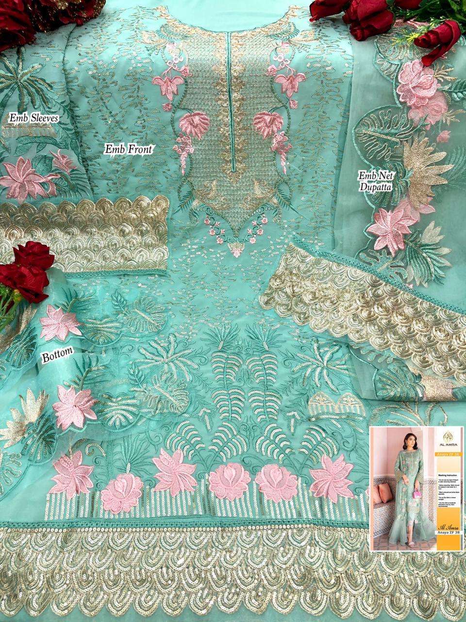 ANAYA ZF 38 BY AL AMRA DESIGNER FESTIVE SUITS COLLECTION BEAUTIFUL STYLISH FANCY COLORFUL PARTY WEAR & OCCASIONAL WEAR HEAVY FAUX GEORGETTE WITH EMBROIDERED DRESSES AT WHOLESALE PRICE
