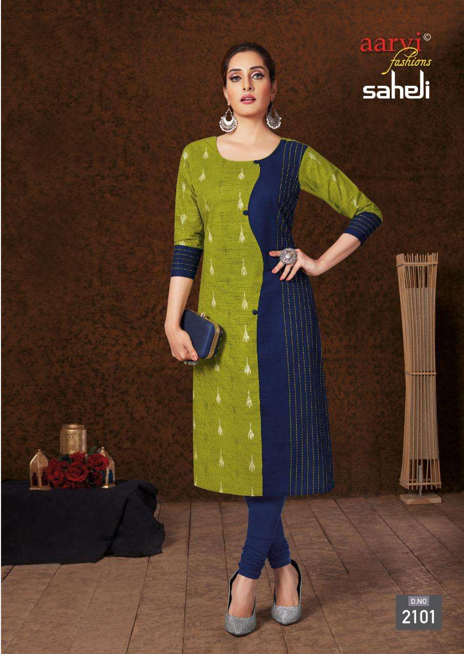 SAHELI VOL-11 BY AARVI FASHION 2101 TO 2115 SERIES BEAUTIFUL STYLISH FANCY COLORFUL CASUAL WEAR & ETHNIC WEAR & READY TO WEAR COTTON PRINTED KURTIS AT WHOLESALE PRICE
