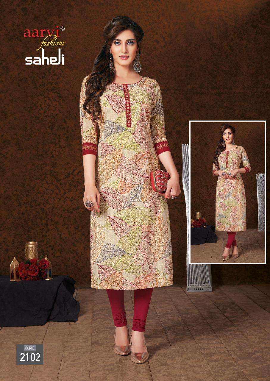 SAHELI VOL-11 BY AARVI FASHION 2101 TO 2115 SERIES BEAUTIFUL STYLISH FANCY COLORFUL CASUAL WEAR & ETHNIC WEAR & READY TO WEAR COTTON PRINTED KURTIS AT WHOLESALE PRICE