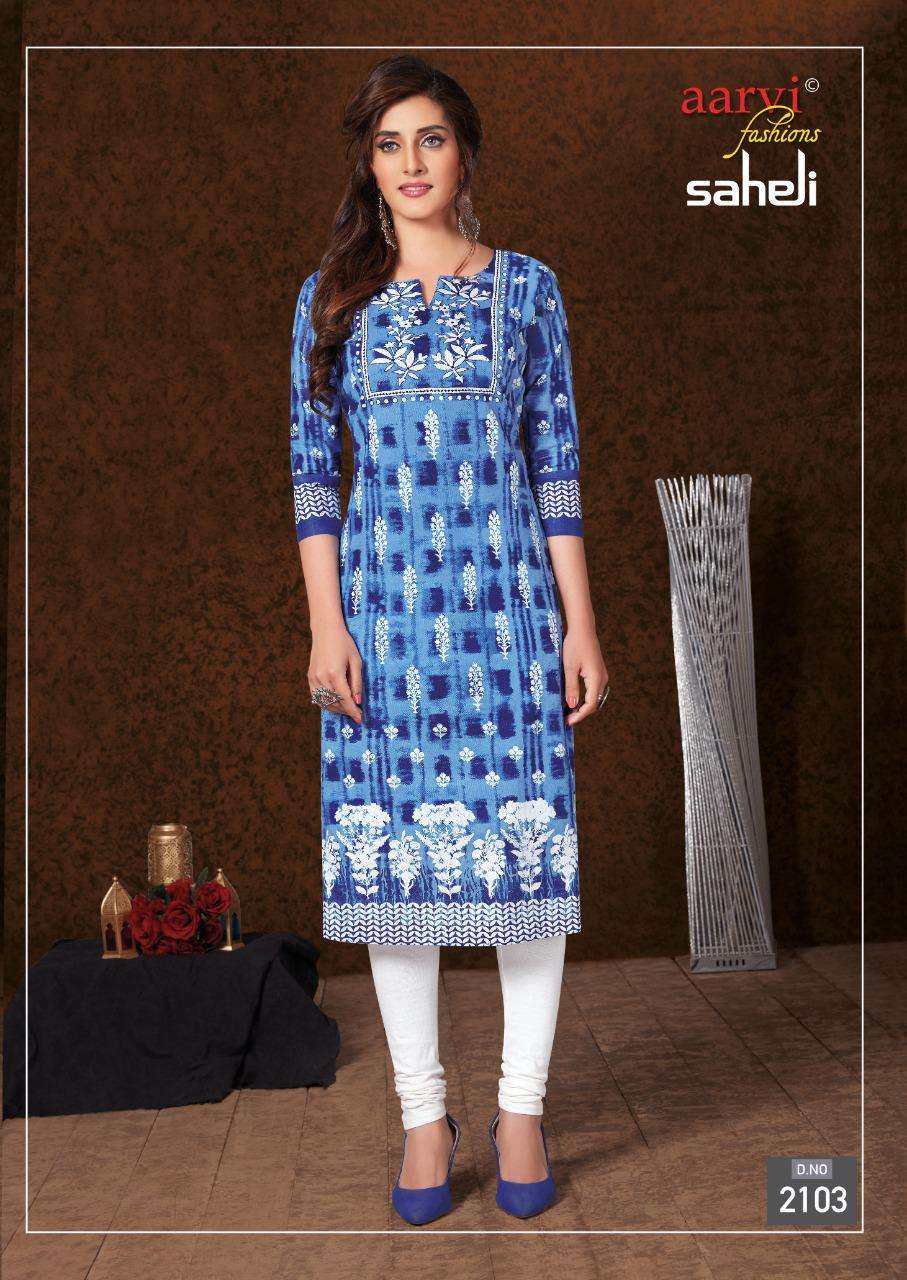 SAHELI VOL-11 BY AARVI FASHION 2101 TO 2115 SERIES BEAUTIFUL STYLISH FANCY COLORFUL CASUAL WEAR & ETHNIC WEAR & READY TO WEAR COTTON PRINTED KURTIS AT WHOLESALE PRICE