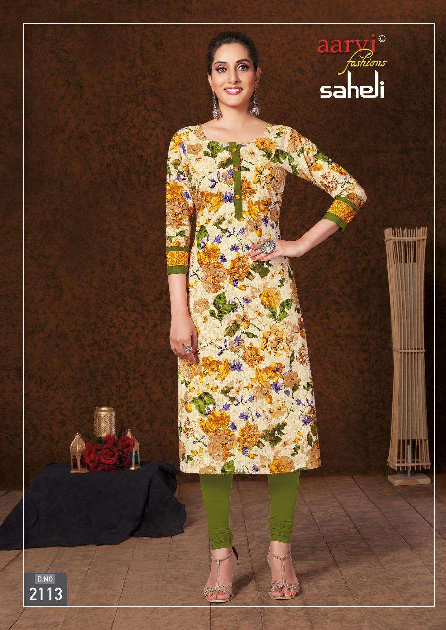 SAHELI VOL-11 BY AARVI FASHION 2101 TO 2115 SERIES BEAUTIFUL STYLISH FANCY COLORFUL CASUAL WEAR & ETHNIC WEAR & READY TO WEAR COTTON PRINTED KURTIS AT WHOLESALE PRICE