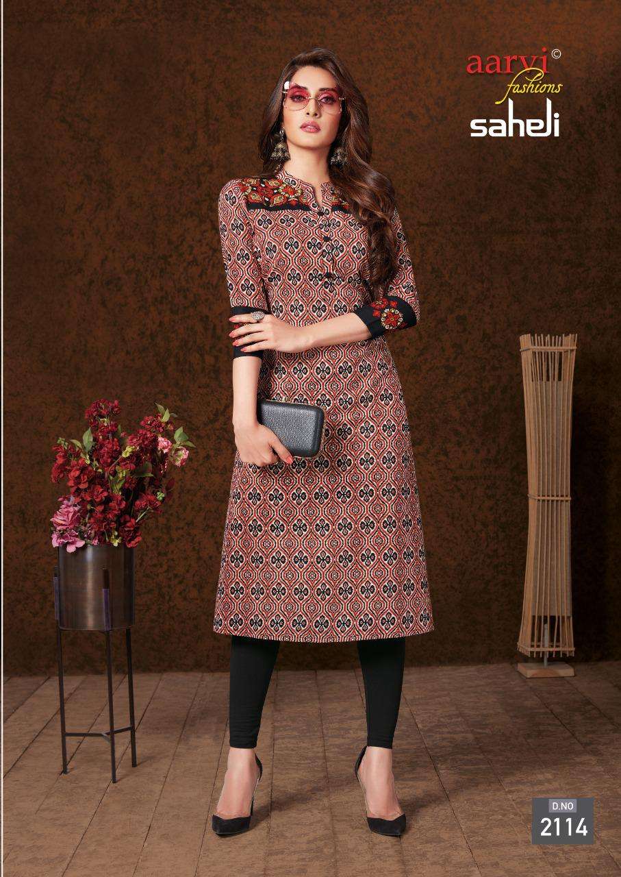 SAHELI VOL-11 BY AARVI FASHION 2101 TO 2115 SERIES BEAUTIFUL STYLISH FANCY COLORFUL CASUAL WEAR & ETHNIC WEAR & READY TO WEAR COTTON PRINTED KURTIS AT WHOLESALE PRICE