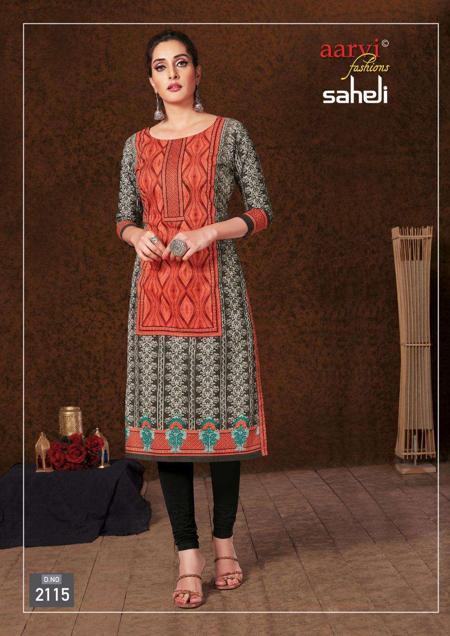 SAHELI VOL-11 BY AARVI FASHION 2101 TO 2115 SERIES BEAUTIFUL STYLISH FANCY COLORFUL CASUAL WEAR & ETHNIC WEAR & READY TO WEAR COTTON PRINTED KURTIS AT WHOLESALE PRICE