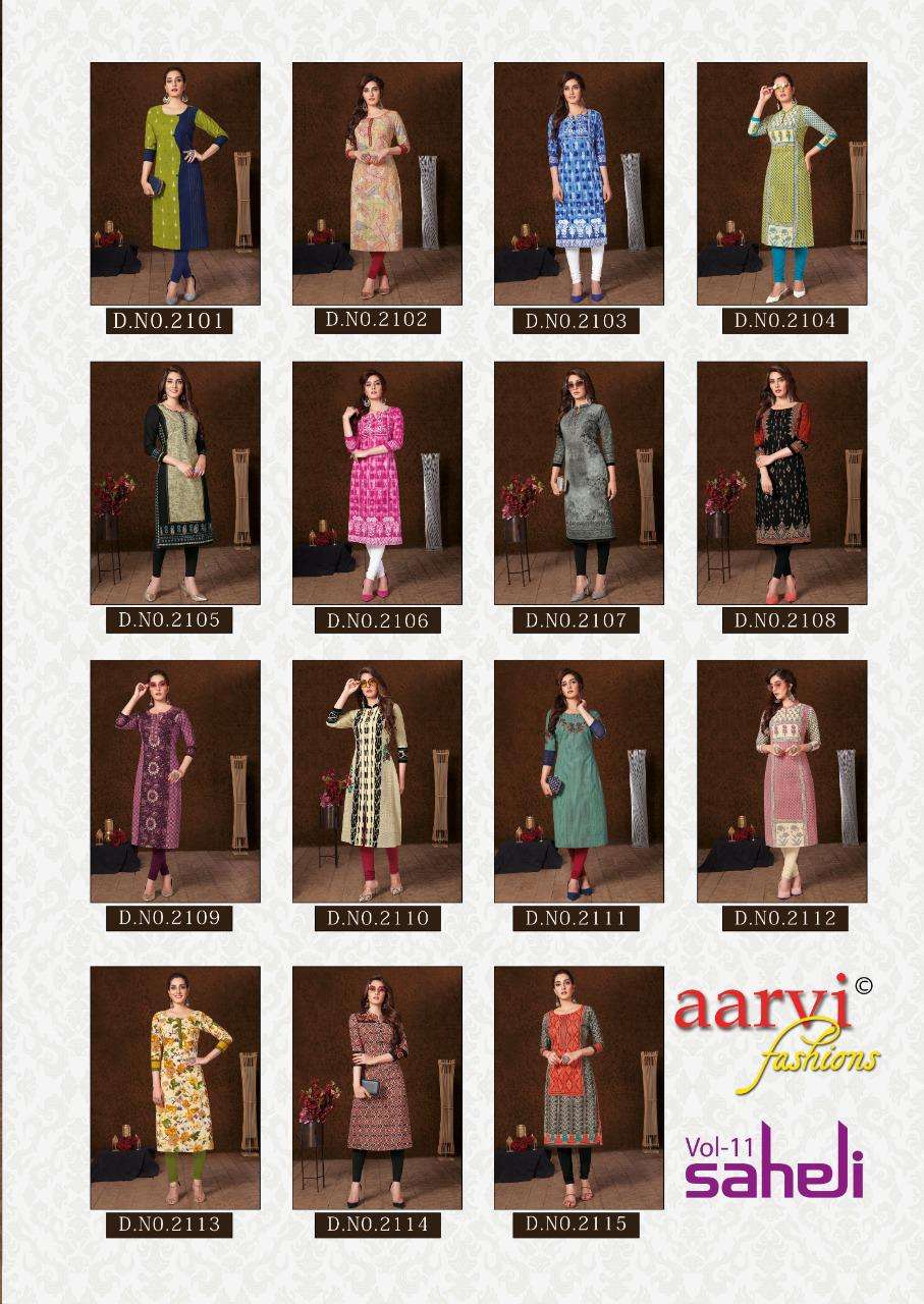 SAHELI VOL-11 BY AARVI FASHION 2101 TO 2115 SERIES BEAUTIFUL STYLISH FANCY COLORFUL CASUAL WEAR & ETHNIC WEAR & READY TO WEAR COTTON PRINTED KURTIS AT WHOLESALE PRICE