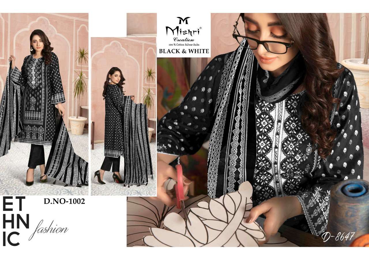 BLACK AND WHITE BY MISHRI 1001 TO 1010 SERIES BEAUTIFUL SUITS COLORFUL STYLISH FANCY CASUAL WEAR & ETHNIC WEAR PURE COTTON PRINT DRESSES AT WHOLESALE PRICE