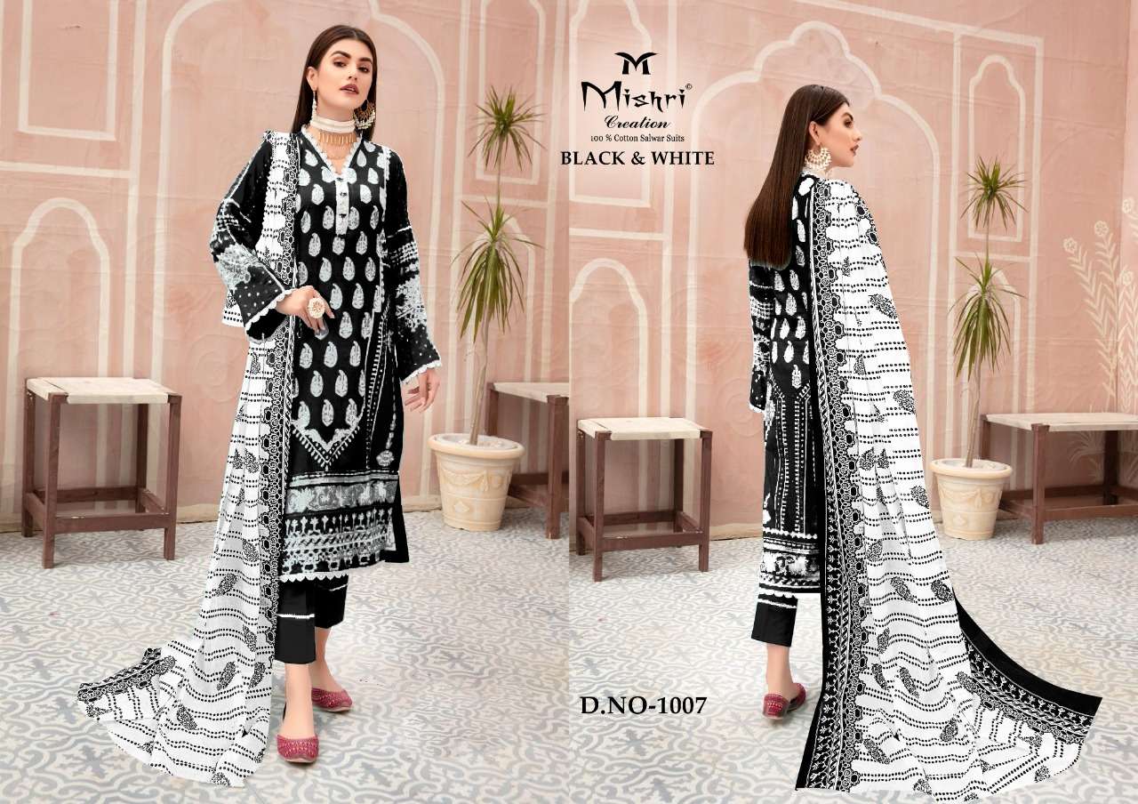 BLACK AND WHITE BY MISHRI 1001 TO 1010 SERIES BEAUTIFUL SUITS COLORFUL STYLISH FANCY CASUAL WEAR & ETHNIC WEAR PURE COTTON PRINT DRESSES AT WHOLESALE PRICE