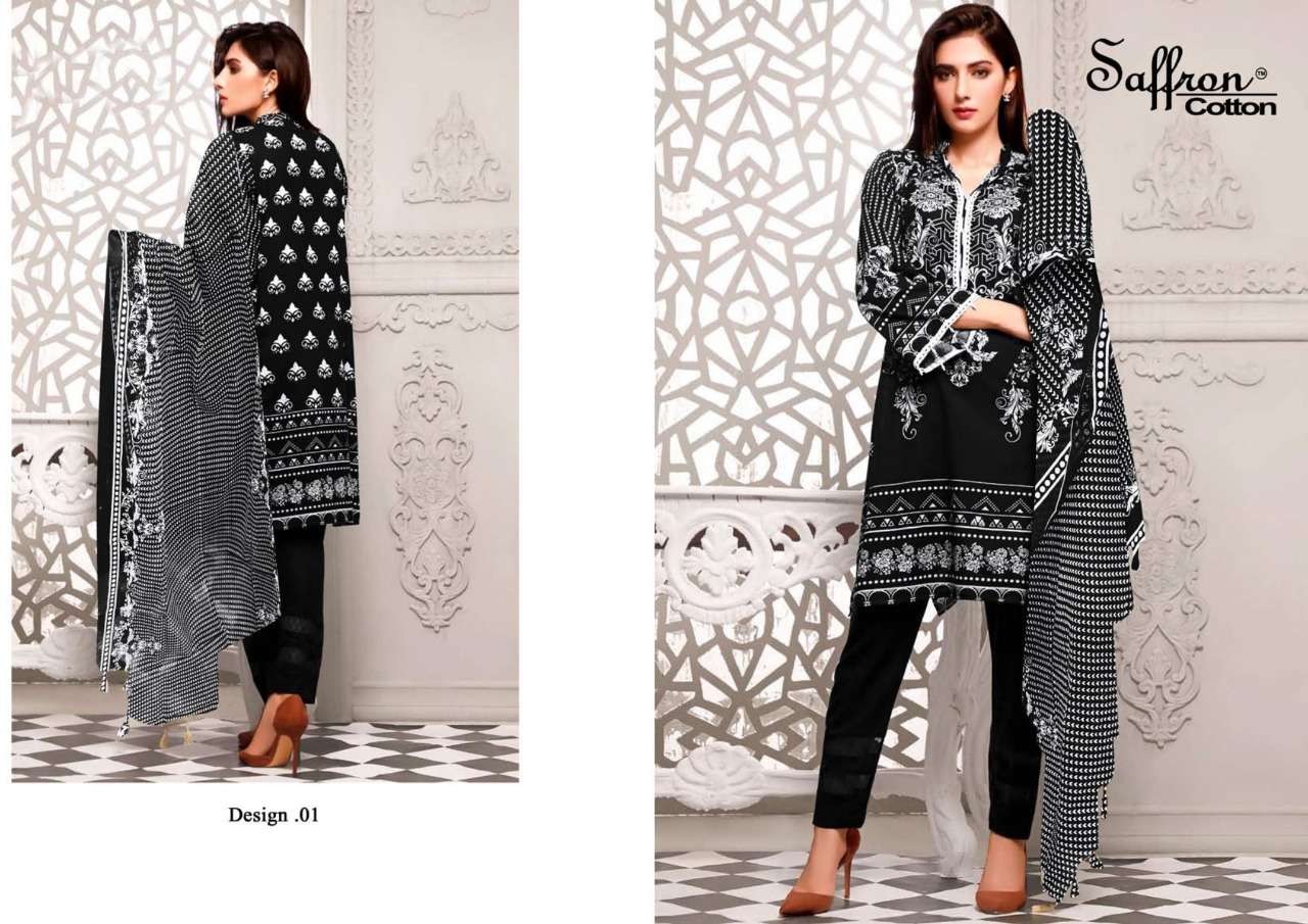 BLACK AND WHITE BY SAFFRON COTTON 01 TO 10 SERIES BEAUTIFUL SUITS COLORFUL STYLISH FANCY CASUAL WEAR & ETHNIC WEAR PURE CAMBRIC PRINT DRESSES AT WHOLESALE PRICE