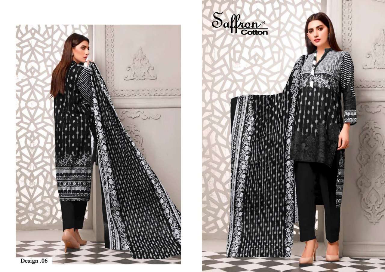 BLACK AND WHITE BY SAFFRON COTTON 01 TO 10 SERIES BEAUTIFUL SUITS COLORFUL STYLISH FANCY CASUAL WEAR & ETHNIC WEAR PURE CAMBRIC PRINT DRESSES AT WHOLESALE PRICE