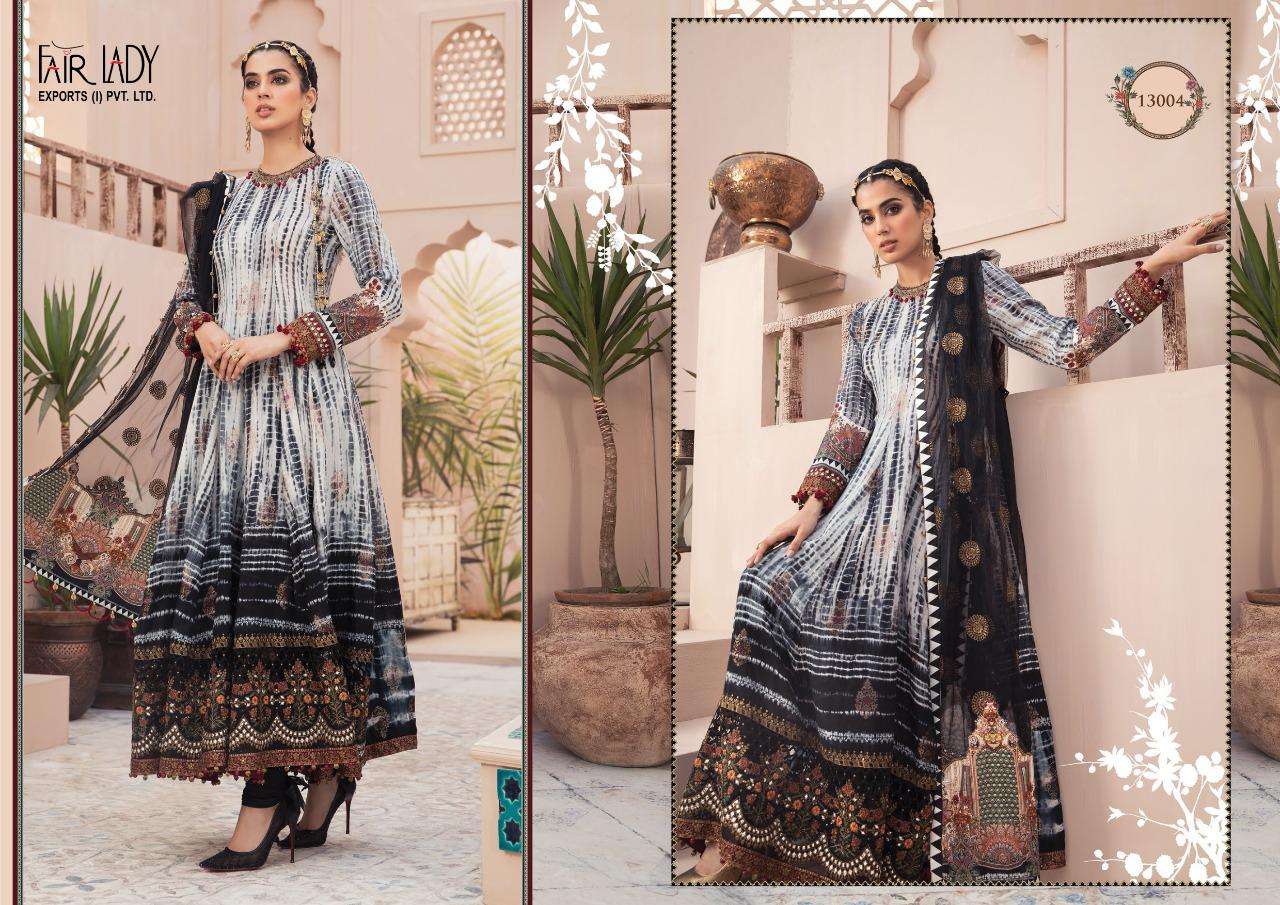 MARIA.B. LAWN 13001 SERIES BY FAIR LADY 13001 TO 13007 SERIES DESIGNER FESTIVE PAKISTANI SUITS COLLECTION BEAUTIFUL STYLISH FANCY COLORFUL PARTY WEAR & OCCASIONAL WEAR LAWN COTTON PRINT WITH EMBROIDERED DRESSES AT WHOLESALE PRICE