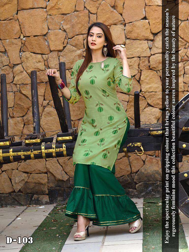 NATASHA BY RANG TARANG 101 TO 106 SERIES DESIGNER STYLISH FANCY COLORFUL BEAUTIFUL PARTY WEAR & ETHNIC WEAR COLLECTION RAYON SLUB PRINT KURTIS WITH BOTTOM AT WHOLESALE PRICE