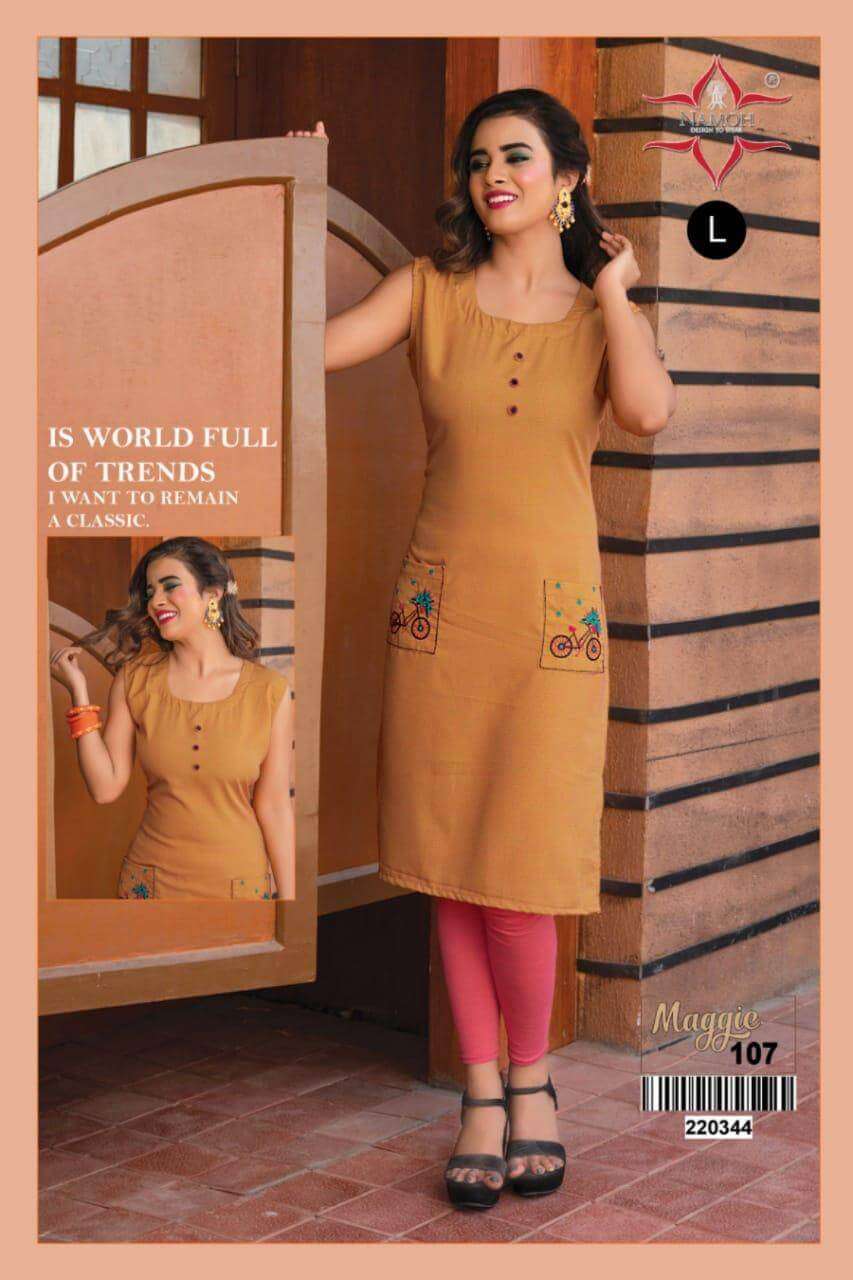 MAGGIE BY NAMOH 101 TO 108 SERIES DESIGNER STYLISH FANCY COLORFUL BEAUTIFUL PARTY WEAR & ETHNIC WEAR COLLECTION RAYON KURTIS AT WHOLESALE PRICE