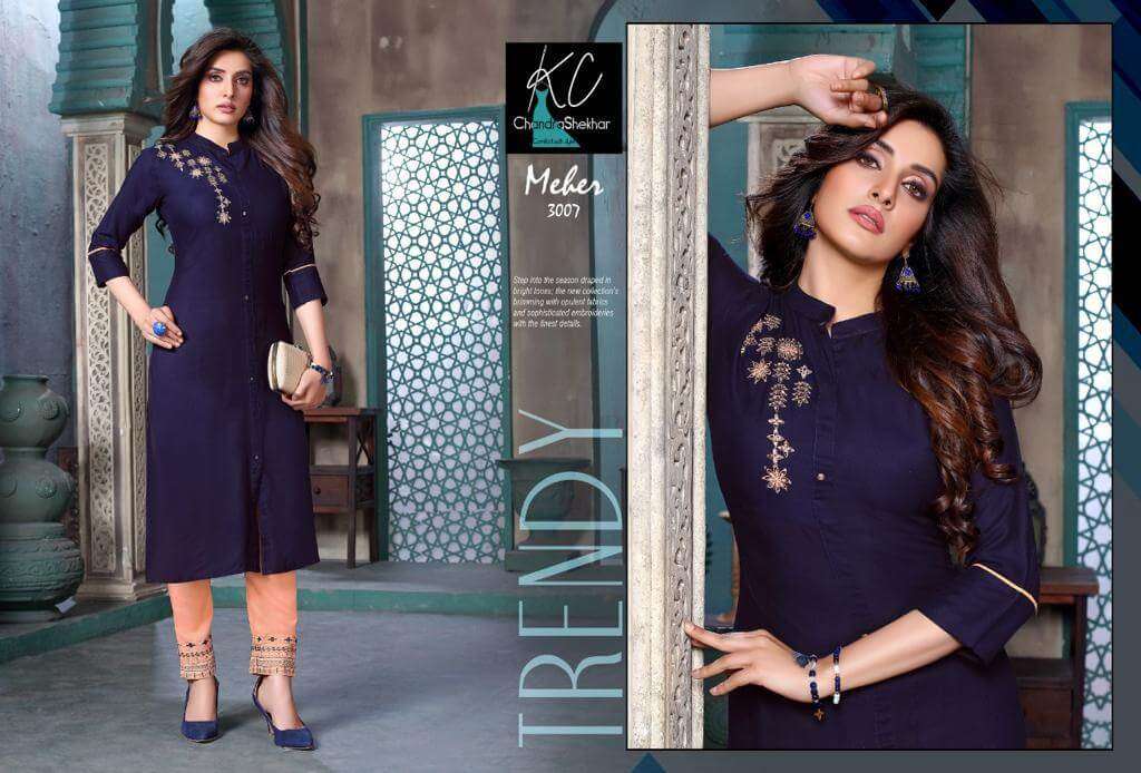 MEHER VOL-3 BY KC 3001 TO 3008 SERIES DESIGNER STYLISH FANCY COLORFUL BEAUTIFUL PARTY WEAR & ETHNIC WEAR COLLECTION RAYON EMBROIDERY KURTIS WITH BOTTOM AT WHOLESALE PRICE