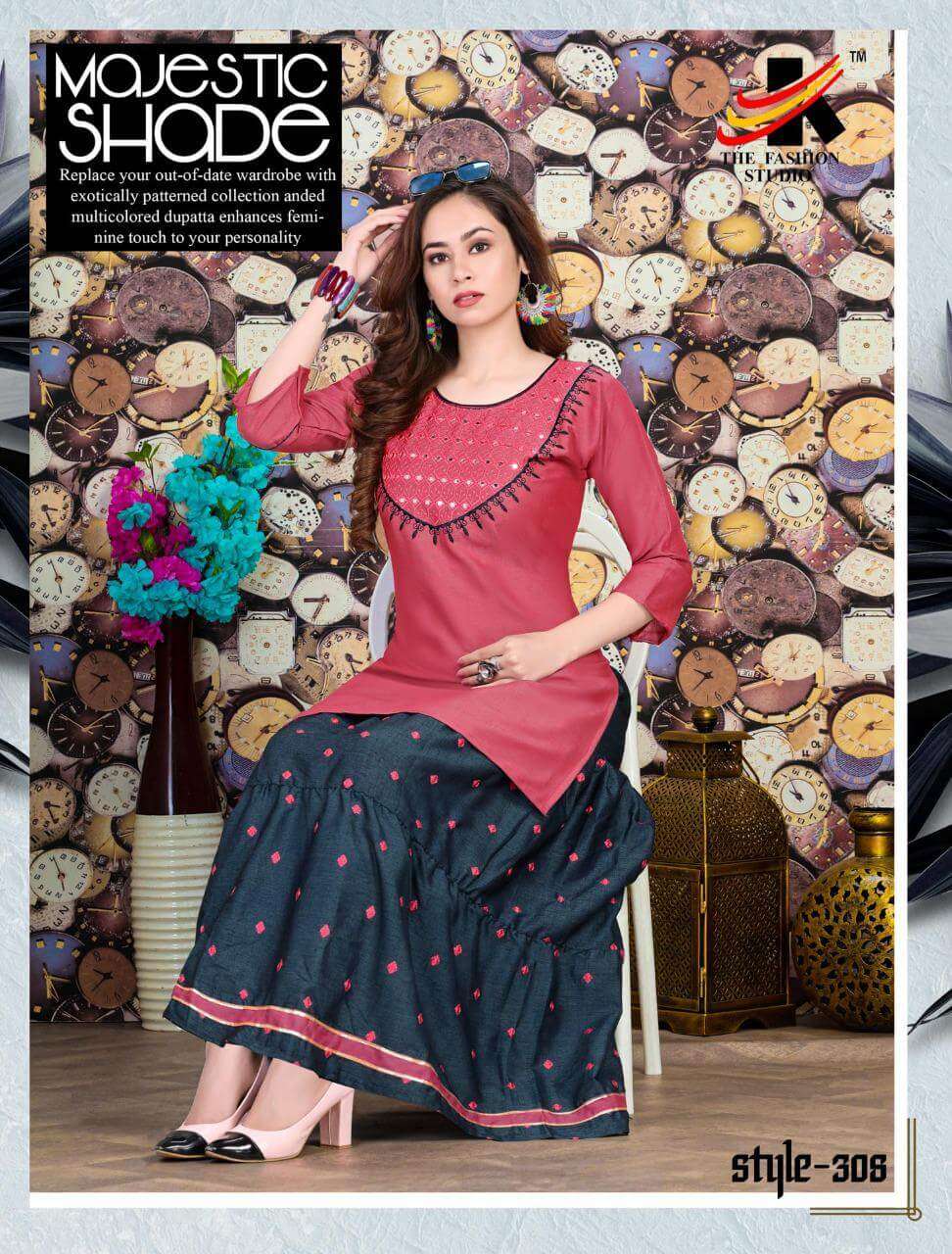 CLASSIC BY THE FASHION STUDIO 301 TO 308 SERIES DESIGNER STYLISH FANCY COLORFUL BEAUTIFUL PARTY WEAR & ETHNIC WEAR COLLECTION RAYON TWO TONE KURTIS WITH BOTTOM AT WHOLESALE PRICE