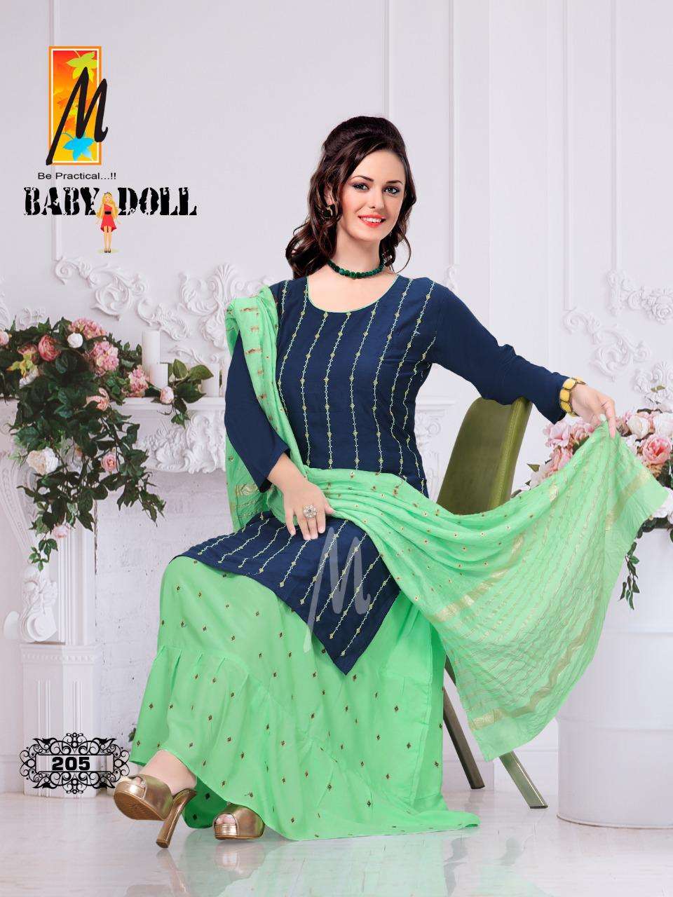 BABY DOLL BY M BE PRACTICAL 201 TO 208 SERIES BEAUTIFUL SHARARA SUITS COLORFUL STYLISH FANCY CASUAL WEAR & ETHNIC WEAR RAYON WORK DRESSES AT WHOLESALE PRICE