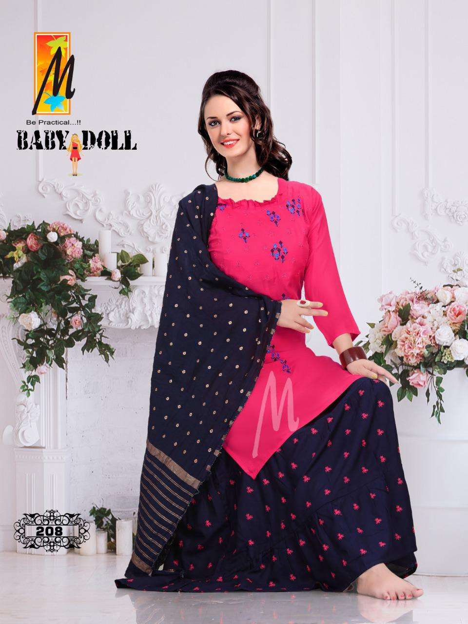 BABY DOLL BY M BE PRACTICAL 201 TO 208 SERIES BEAUTIFUL SHARARA SUITS COLORFUL STYLISH FANCY CASUAL WEAR & ETHNIC WEAR RAYON WORK DRESSES AT WHOLESALE PRICE