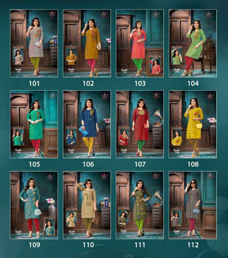 URVASHI BY NAMOH 101 TO 112 SERIES DESIGNER STYLISH FANCY COLORFUL BEAUTIFUL PARTY WEAR & ETHNIC WEAR COLLECTION HEAVY RAYON TWO TONE KURTIS AT WHOLESALE PRICE