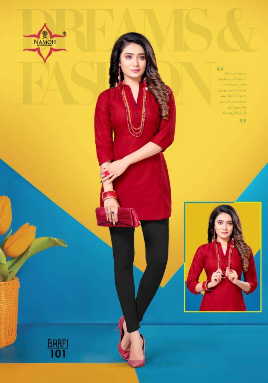BARFI BY NAMOH 101 TO 112 SERIES DESIGNER STYLISH FANCY COLORFUL BEAUTIFUL PARTY WEAR & ETHNIC WEAR COLLECTION CAMBRIC COTTON KURTIS AT WHOLESALE PRICE