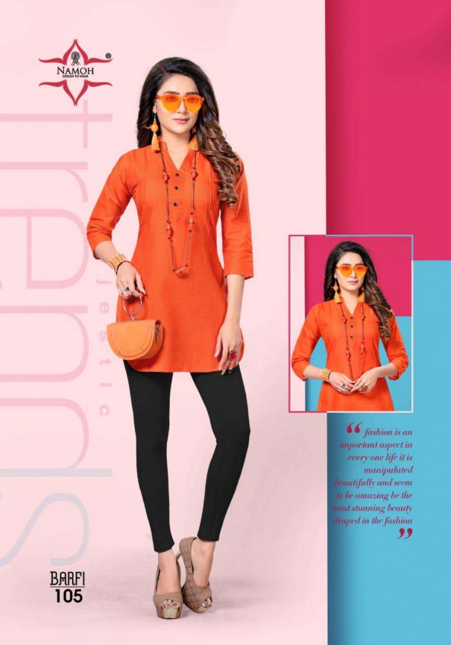 BARFI BY NAMOH 101 TO 112 SERIES DESIGNER STYLISH FANCY COLORFUL BEAUTIFUL PARTY WEAR & ETHNIC WEAR COLLECTION CAMBRIC COTTON KURTIS AT WHOLESALE PRICE