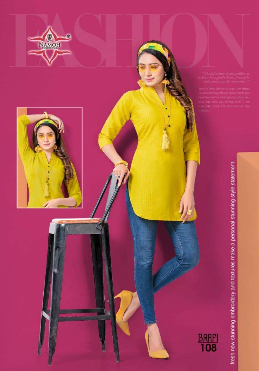 BARFI BY NAMOH 101 TO 112 SERIES DESIGNER STYLISH FANCY COLORFUL BEAUTIFUL PARTY WEAR & ETHNIC WEAR COLLECTION CAMBRIC COTTON KURTIS AT WHOLESALE PRICE
