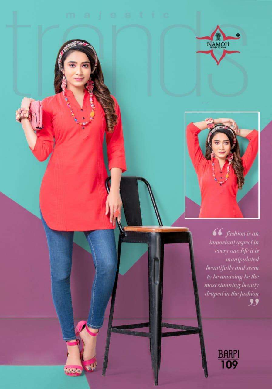 BARFI BY NAMOH 101 TO 112 SERIES DESIGNER STYLISH FANCY COLORFUL BEAUTIFUL PARTY WEAR & ETHNIC WEAR COLLECTION CAMBRIC COTTON KURTIS AT WHOLESALE PRICE