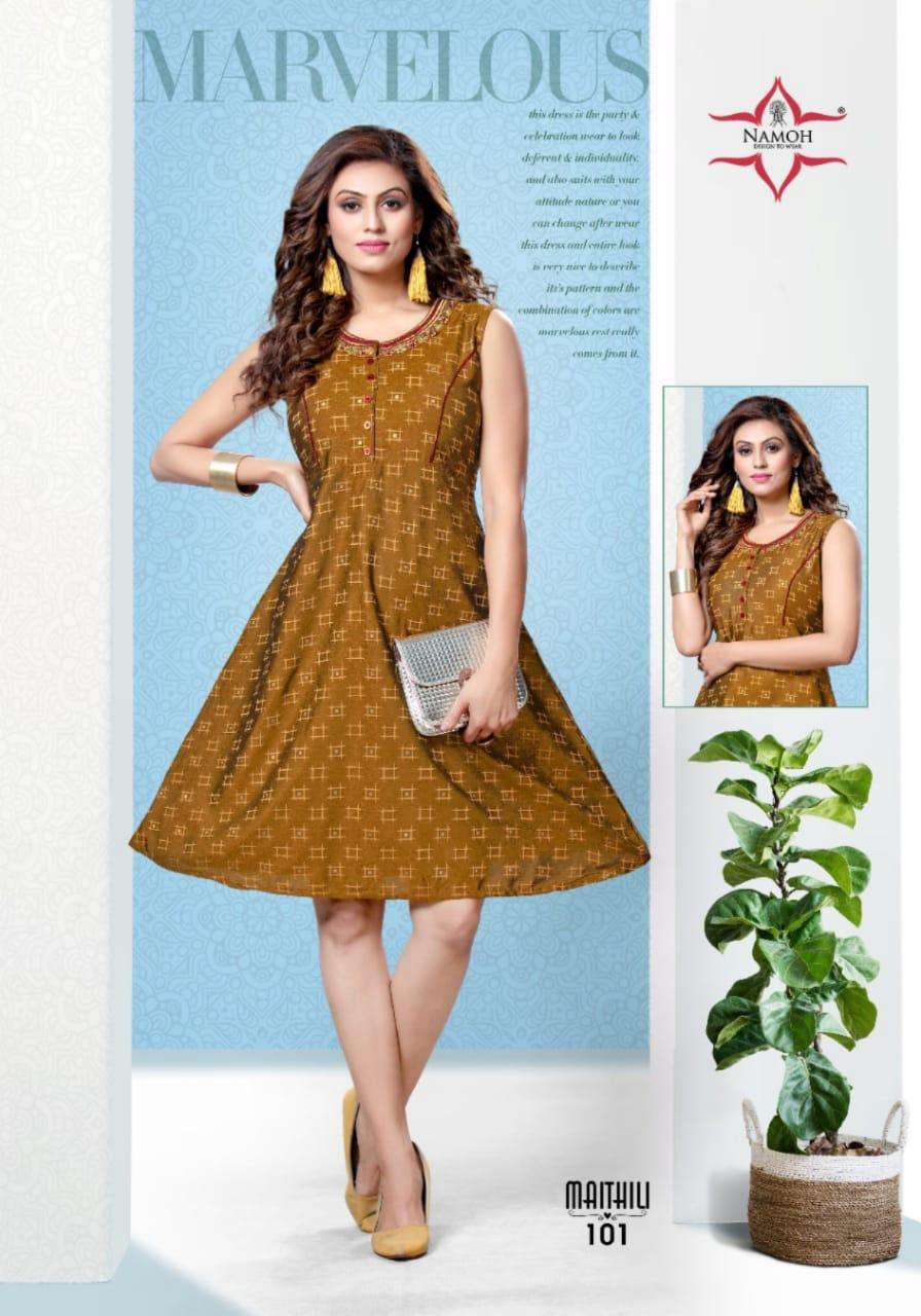 MAITHILI BY NAMOH 101 TO 108 SERIES DESIGNER STYLISH FANCY COLORFUL BEAUTIFUL PARTY WEAR & ETHNIC WEAR COLLECTION HEAVY RAYON PRINT KURTIS AT WHOLESALE PRICE
