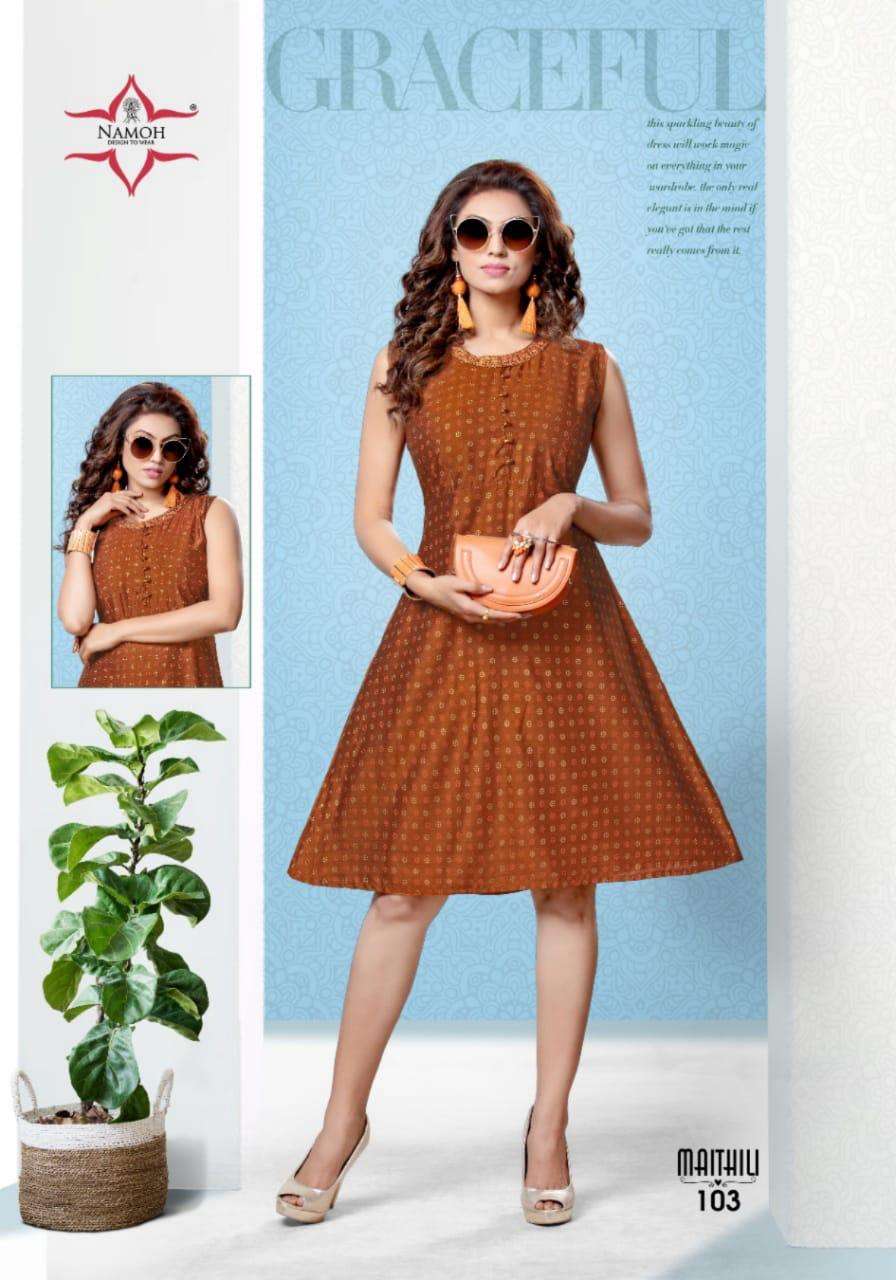 MAITHILI BY NAMOH 101 TO 108 SERIES DESIGNER STYLISH FANCY COLORFUL BEAUTIFUL PARTY WEAR & ETHNIC WEAR COLLECTION HEAVY RAYON PRINT KURTIS AT WHOLESALE PRICE