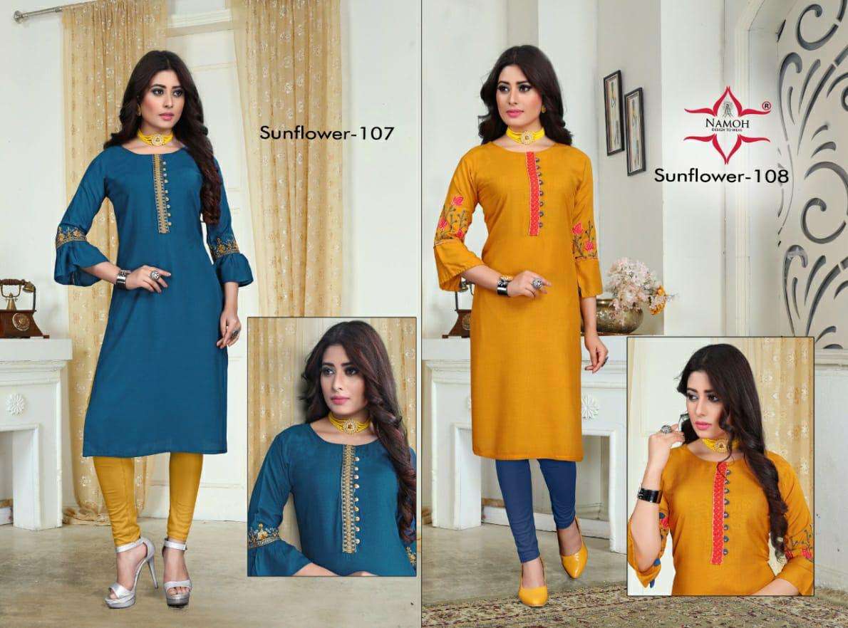 SUNFLOWER BY NAMOH 101 TO 112 SERIES DESIGNER STYLISH FANCY COLORFUL BEAUTIFUL PARTY WEAR & ETHNIC WEAR COLLECTION HEAVY RAYON SLUB EMBROIDERED KURTIS AT WHOLESALE PRICE