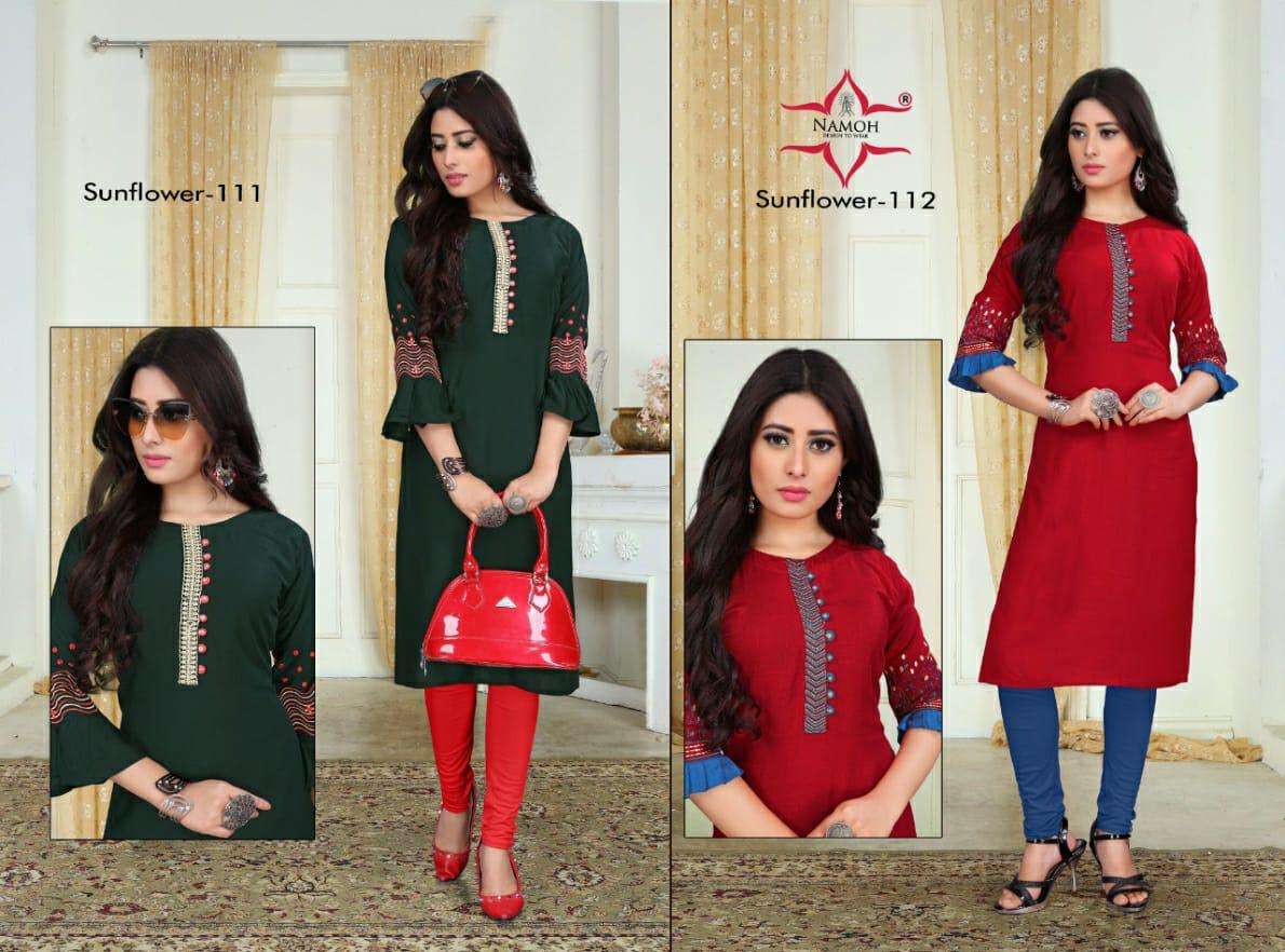 SUNFLOWER BY NAMOH 101 TO 112 SERIES DESIGNER STYLISH FANCY COLORFUL BEAUTIFUL PARTY WEAR & ETHNIC WEAR COLLECTION HEAVY RAYON SLUB EMBROIDERED KURTIS AT WHOLESALE PRICE