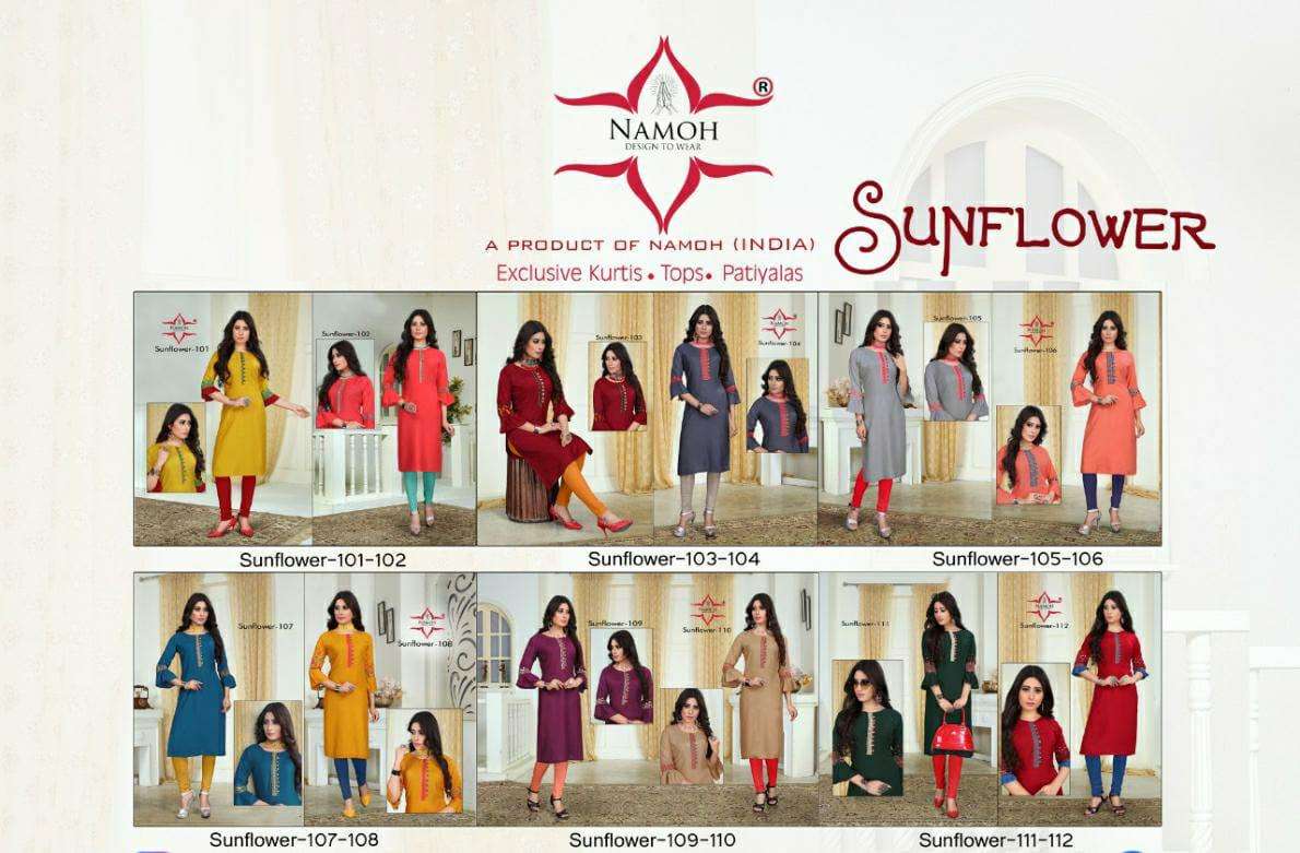SUNFLOWER BY NAMOH 101 TO 112 SERIES DESIGNER STYLISH FANCY COLORFUL BEAUTIFUL PARTY WEAR & ETHNIC WEAR COLLECTION HEAVY RAYON SLUB EMBROIDERED KURTIS AT WHOLESALE PRICE