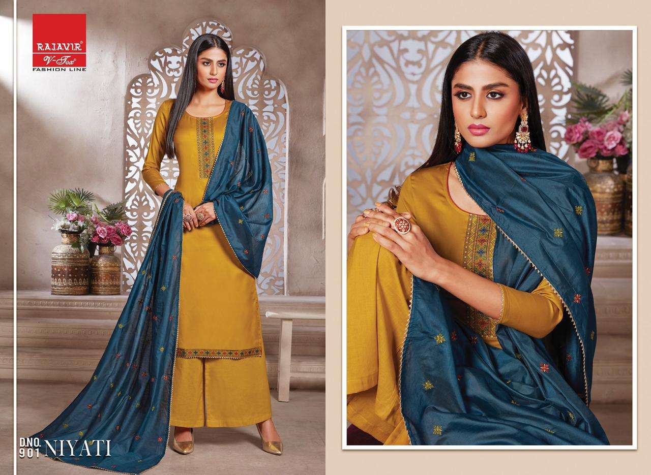 NIYATI BY RAJAVIR FASHION LINE 900 TO 908 SERIES BEAUTIFUL SUITS COLORFUL STYLISH FANCY CASUAL WEAR & ETHNIC WEAR PURE JAM SATIN EMBROIDERED DRESSES AT WHOLESALE PRICE