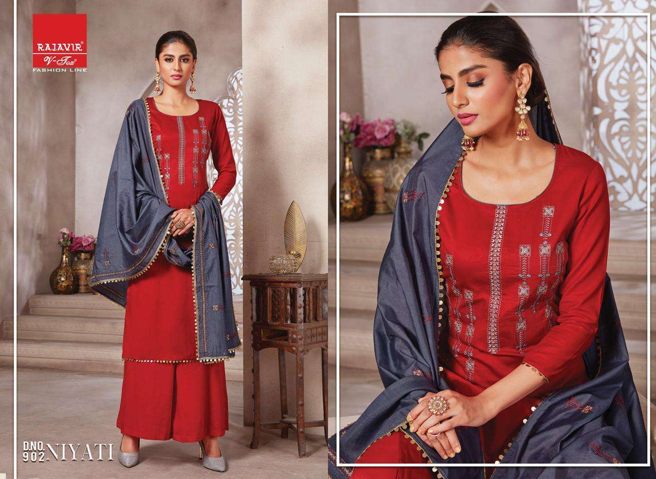 NIYATI BY RAJAVIR FASHION LINE 900 TO 908 SERIES BEAUTIFUL SUITS COLORFUL STYLISH FANCY CASUAL WEAR & ETHNIC WEAR PURE JAM SATIN EMBROIDERED DRESSES AT WHOLESALE PRICE