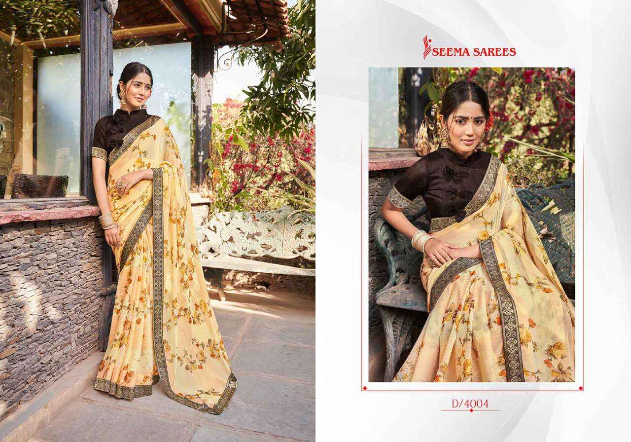 RUPA VOL-2 BY SEEMA SAREES 4001 TO 4010 SERIES INDIAN TRADITIONAL WEAR COLLECTION BEAUTIFUL STYLISH FANCY COLORFUL PARTY WEAR & OCCASIONAL WEAR CHIFFON BRASSO SAREES AT WHOLESALE PRICE