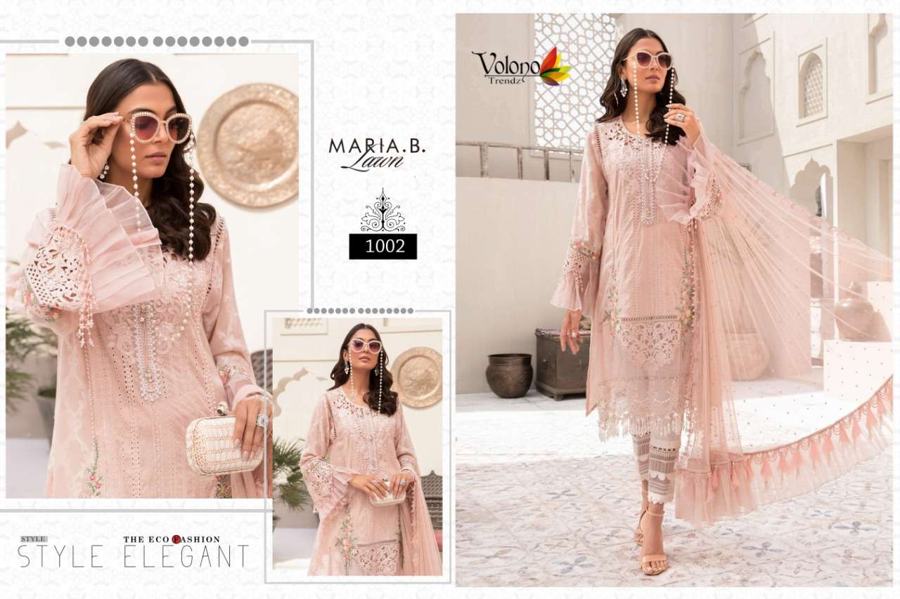 MARIA.B. LAWN BY VOLONO TRENDZ 1001 TO 1002 SERIES BEAUTIFUL PAKISTANI SUITS STYLISH FANCY COLORFUL PARTY WEAR & ETHNIC WEAR CAMBRIC EMBROIDERY DRESSES AT WHOLESALE PRICE