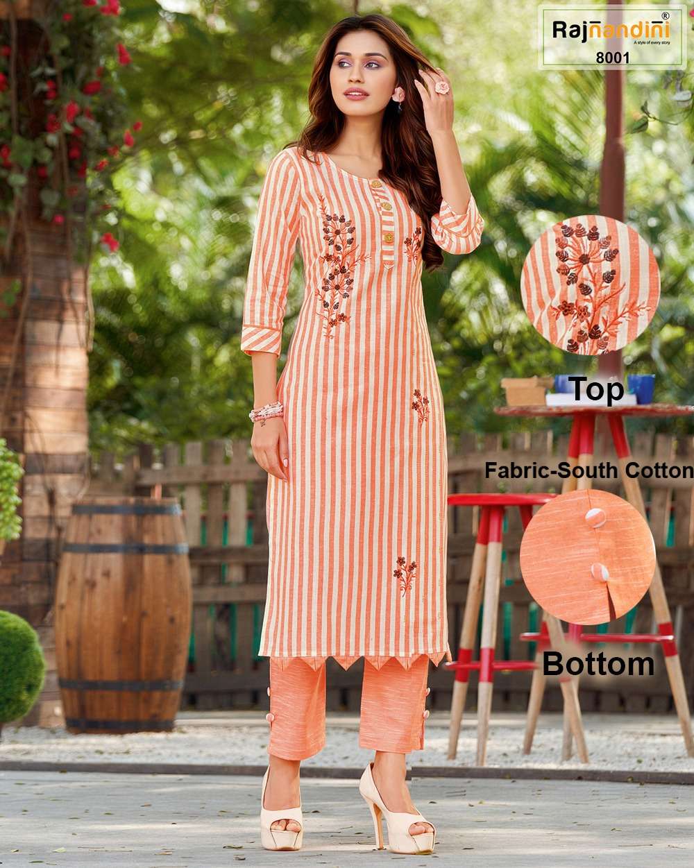 KURTA SET NX BY RAJNANDINI 8001 TO 8004 SERIES DESIGNER STYLISH FANCY COLORFUL BEAUTIFUL PARTY WEAR & ETHNIC WEAR COLLECTION COTTON STRIP EMBROIDERY KURTIS WITH BOTTOM AT WHOLESALE PRICE
