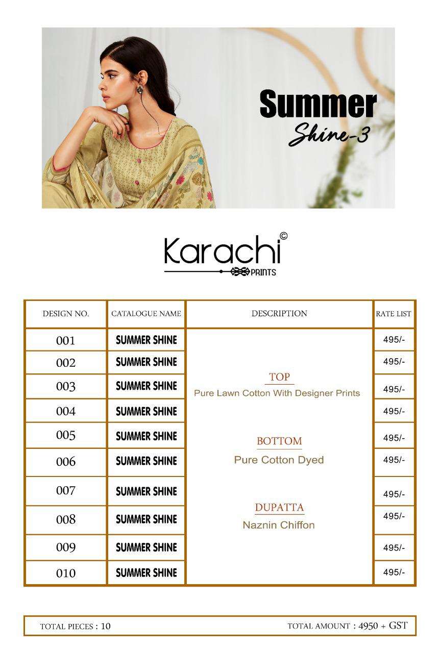 SUMMER SHINE VOL-3 BY KARACHI PRINTS 101 TO 110 SERIES BEAUTIFUL SUITS COLORFUL STYLISH FANCY CASUAL WEAR & ETHNIC WEAR PURE LAWN COTTON PRINTS DRESSES AT WHOLESALE PRICE