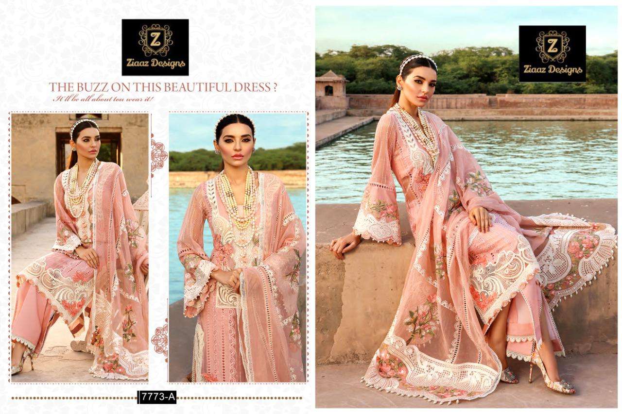 ZIAAZ HIT DESIGN 7773 COLOURS BY ZIAAZ DESIGNS 7773-A TO 7773-B SERIES DESIGNER PAKISTANI SUITS BEAUTIFUL FANCY COLORFUL STYLISH PARTY WEAR & OCCASIONAL WEAR COTTON EMBROIDERED DRESSES AT WHOLESALE PRICE