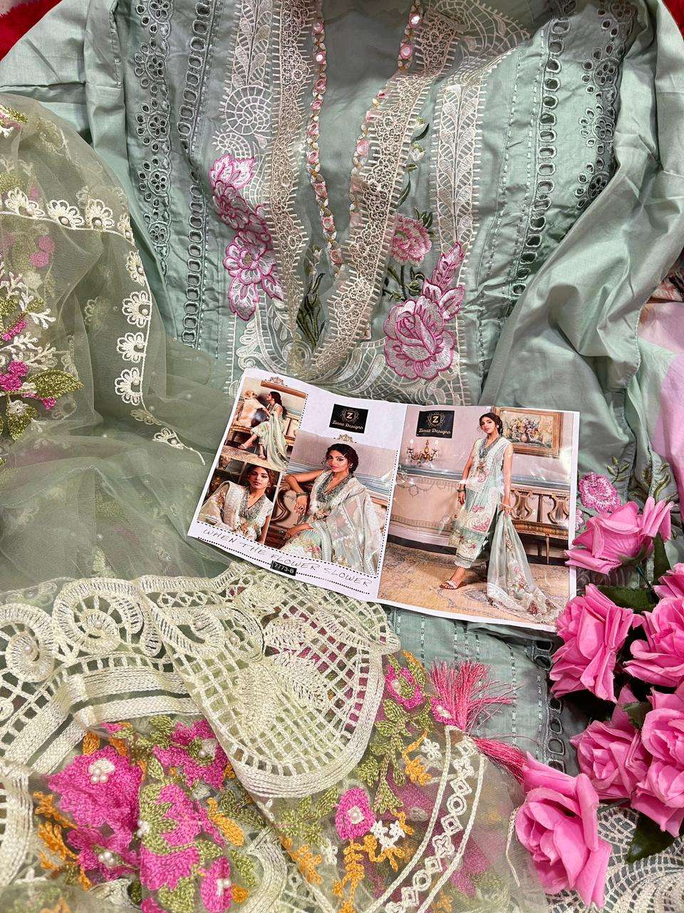 ZIAAZ HIT DESIGN 7773 COLOURS BY ZIAAZ DESIGNS 7773-A TO 7773-B SERIES DESIGNER PAKISTANI SUITS BEAUTIFUL FANCY COLORFUL STYLISH PARTY WEAR & OCCASIONAL WEAR COTTON EMBROIDERED DRESSES AT WHOLESALE PRICE