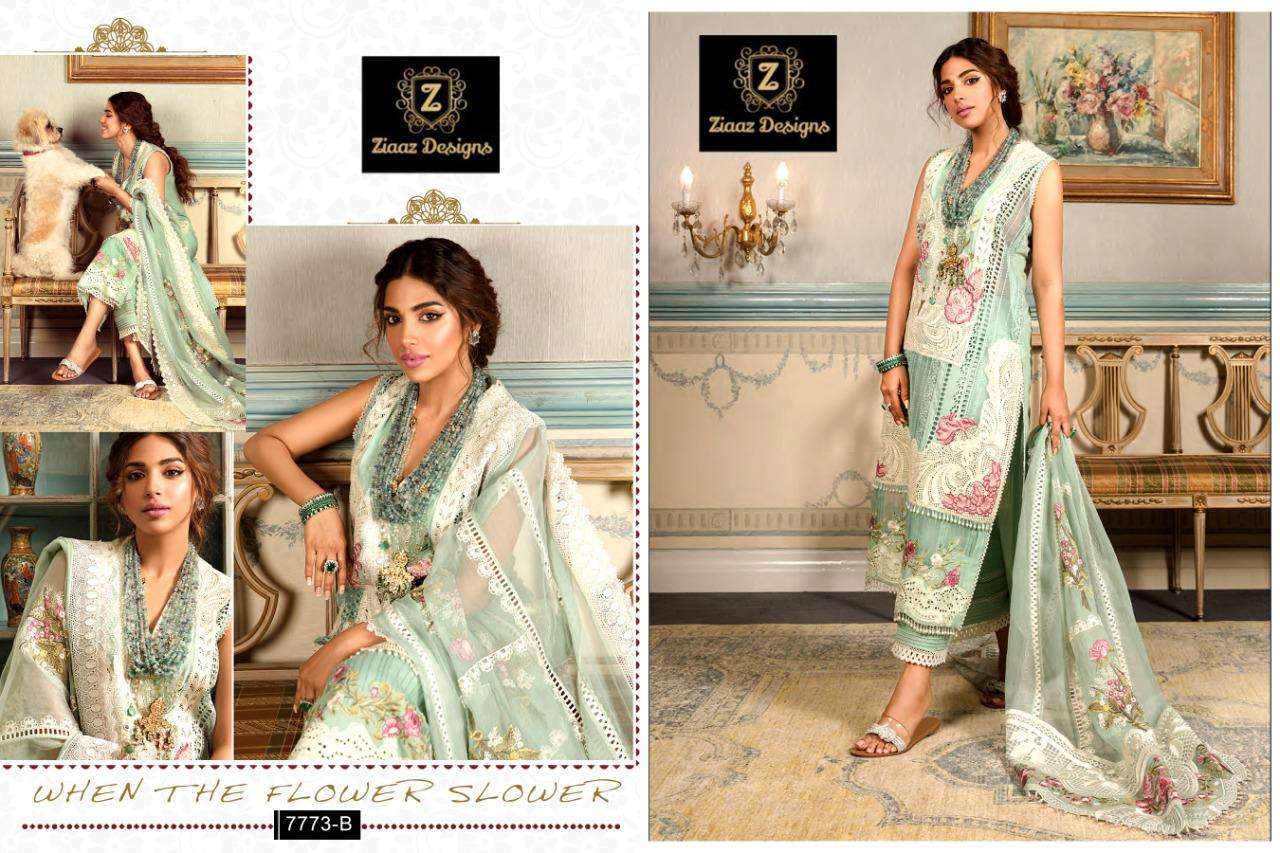 ZIAAZ HIT DESIGN 7773 COLOURS BY ZIAAZ DESIGNS 7773-A TO 7773-B SERIES DESIGNER PAKISTANI SUITS BEAUTIFUL FANCY COLORFUL STYLISH PARTY WEAR & OCCASIONAL WEAR COTTON EMBROIDERED DRESSES AT WHOLESALE PRICE