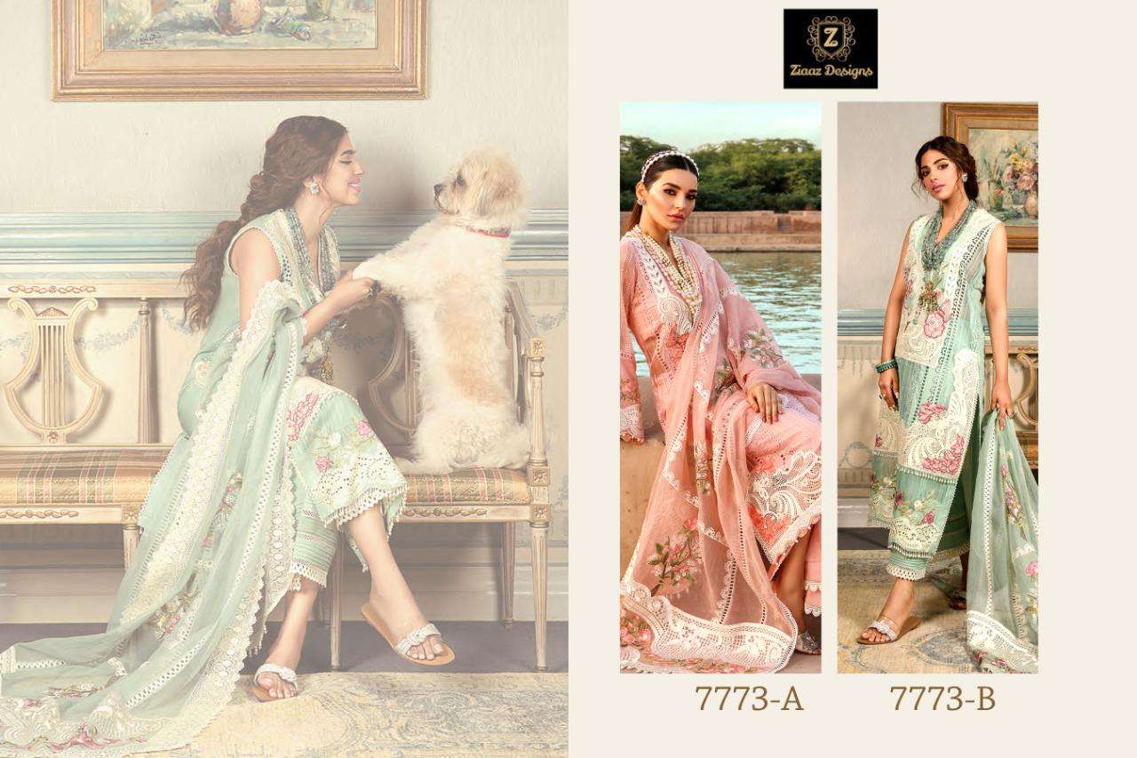 ZIAAZ HIT DESIGN 7773 COLOURS BY ZIAAZ DESIGNS 7773-A TO 7773-B SERIES DESIGNER PAKISTANI SUITS BEAUTIFUL FANCY COLORFUL STYLISH PARTY WEAR & OCCASIONAL WEAR COTTON EMBROIDERED DRESSES AT WHOLESALE PRICE