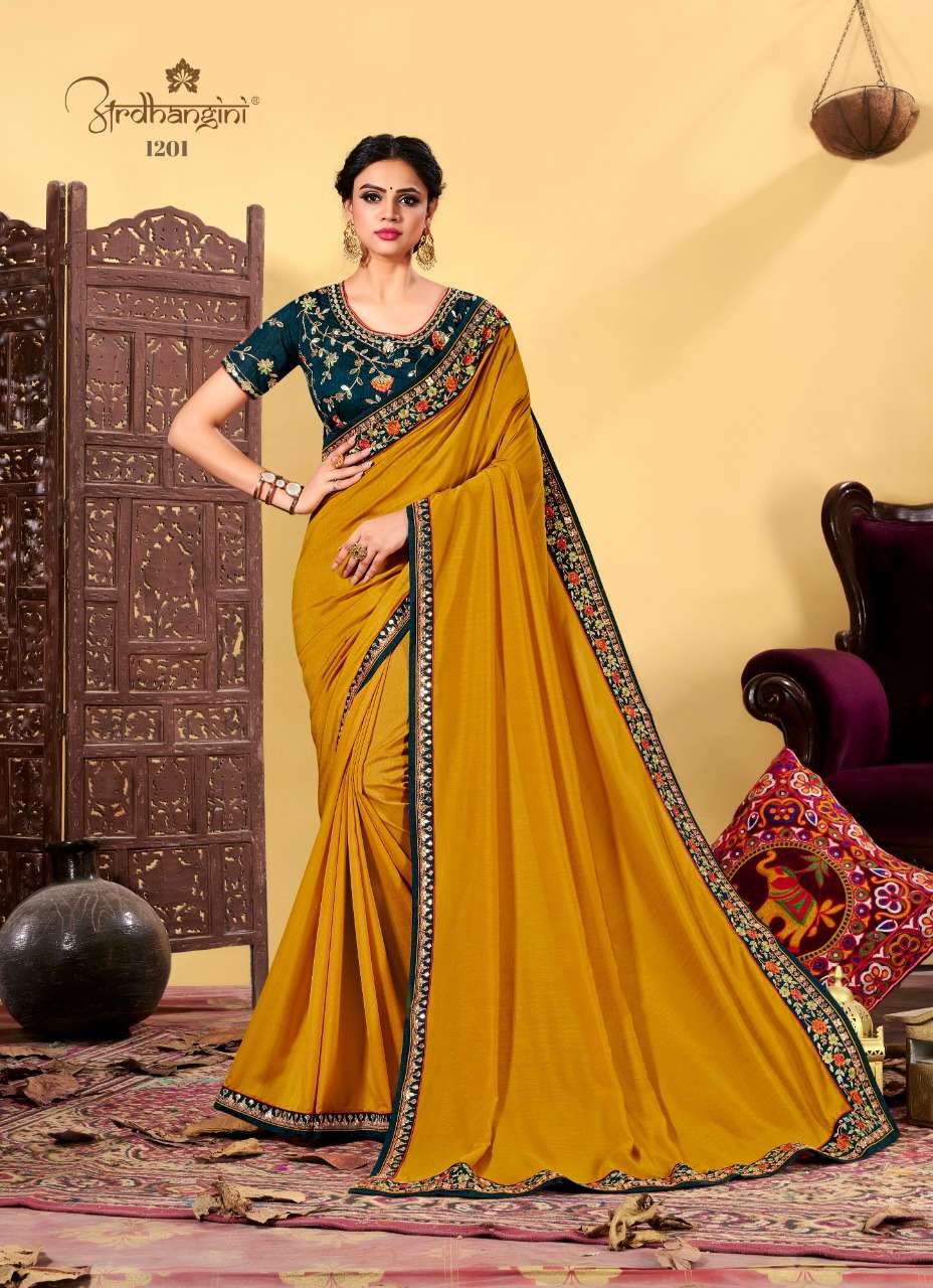 SAKSHI VOL-5 BY ARDHANGINI 1201 TO 1206 SERIES INDIAN TRADITIONAL WEAR COLLECTION BEAUTIFUL STYLISH FANCY COLORFUL PARTY WEAR & OCCASIONAL WEAR HEAVY DOLA SILK SAREES AT WHOLESALE PRICE