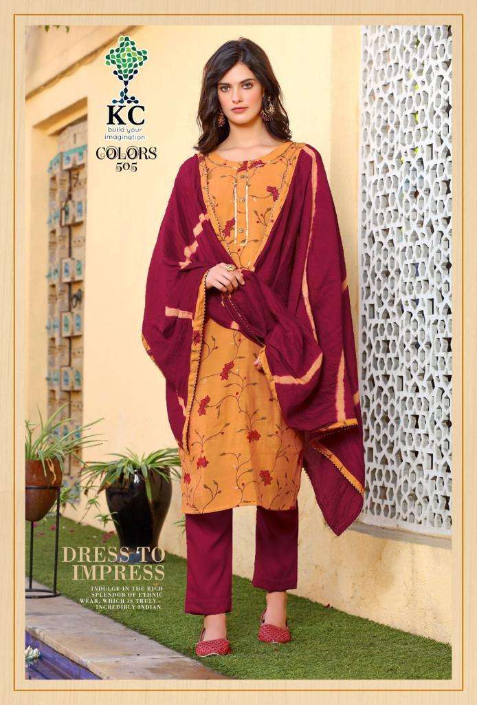 COLORS VOL-5 BY KC 501 TO 508 SERIES BEAUTIFUL SUITS COLORFUL STYLISH FANCY CASUAL WEAR & ETHNIC WEAR HEAVY SOFT SILK PRINT DRESSES AT WHOLESALE PRICE