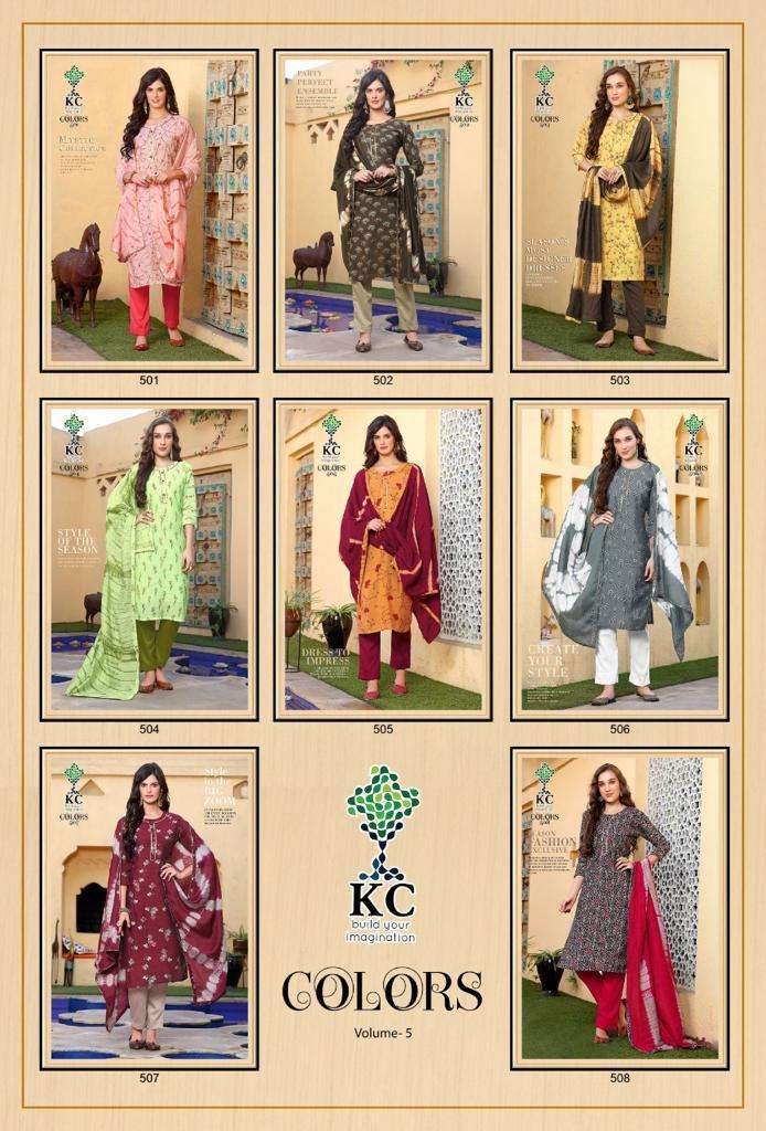 COLORS VOL-5 BY KC 501 TO 508 SERIES BEAUTIFUL SUITS COLORFUL STYLISH FANCY CASUAL WEAR & ETHNIC WEAR HEAVY SOFT SILK PRINT DRESSES AT WHOLESALE PRICE