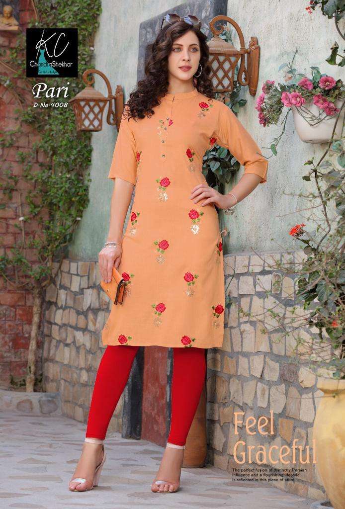 PARI VOL-4 BY KC 4001 TO 4008 SERIES DESIGNER STYLISH FANCY COLORFUL BEAUTIFUL PARTY WEAR & ETHNIC WEAR COLLECTION RAYON SLUB EMBROIDERY KURTIS AT WHOLESALE PRICE