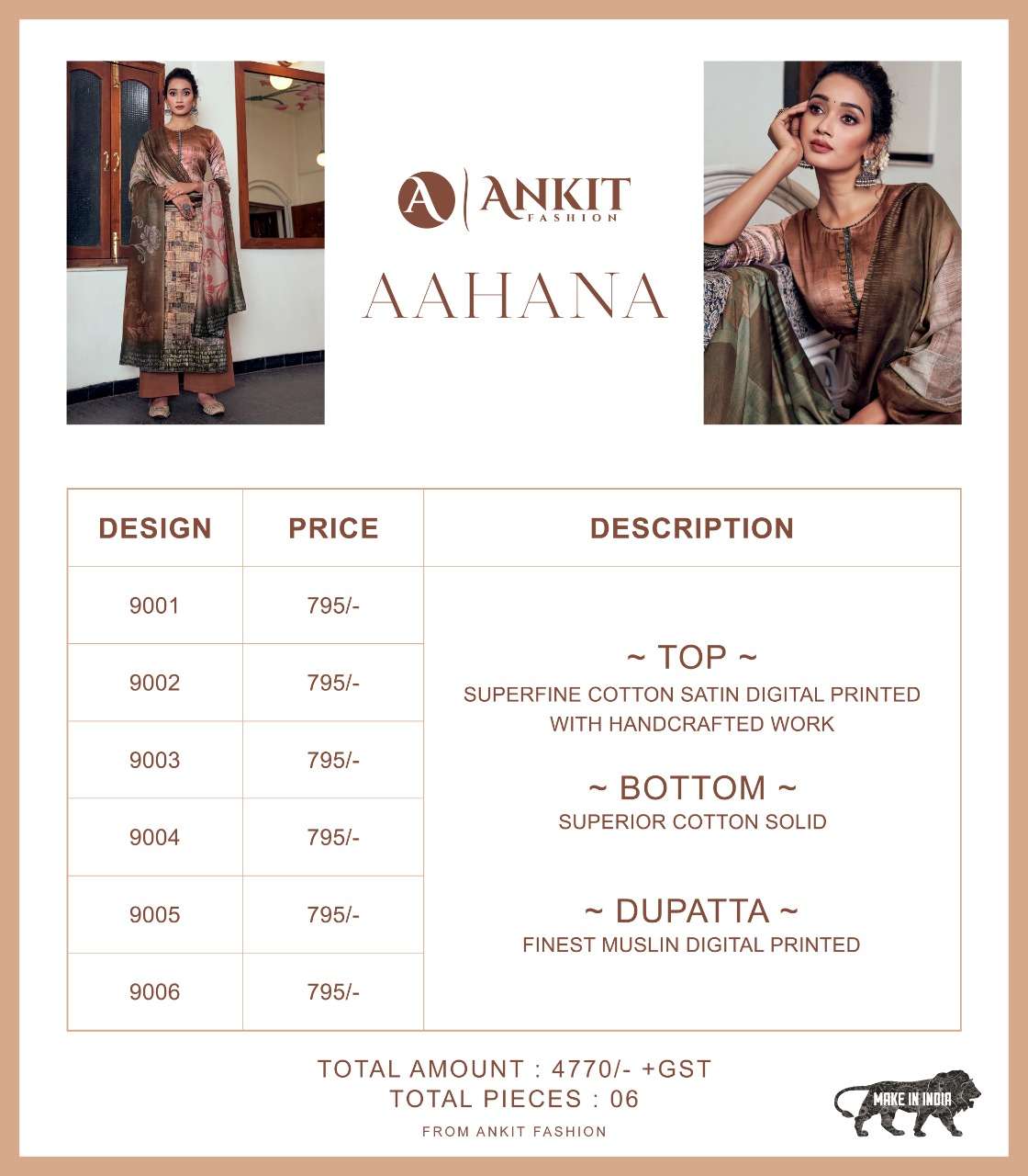 AAHANA BY ANKIT FASHION 9001 TO 9006 SERIES BEAUTIFUL SUITS COLORFUL STYLISH FANCY CASUAL WEAR & ETHNIC WEAR PURE COTTON SATIN DIGITAL PRINT WITH WORK DRESSES AT WHOLESALE PRICE