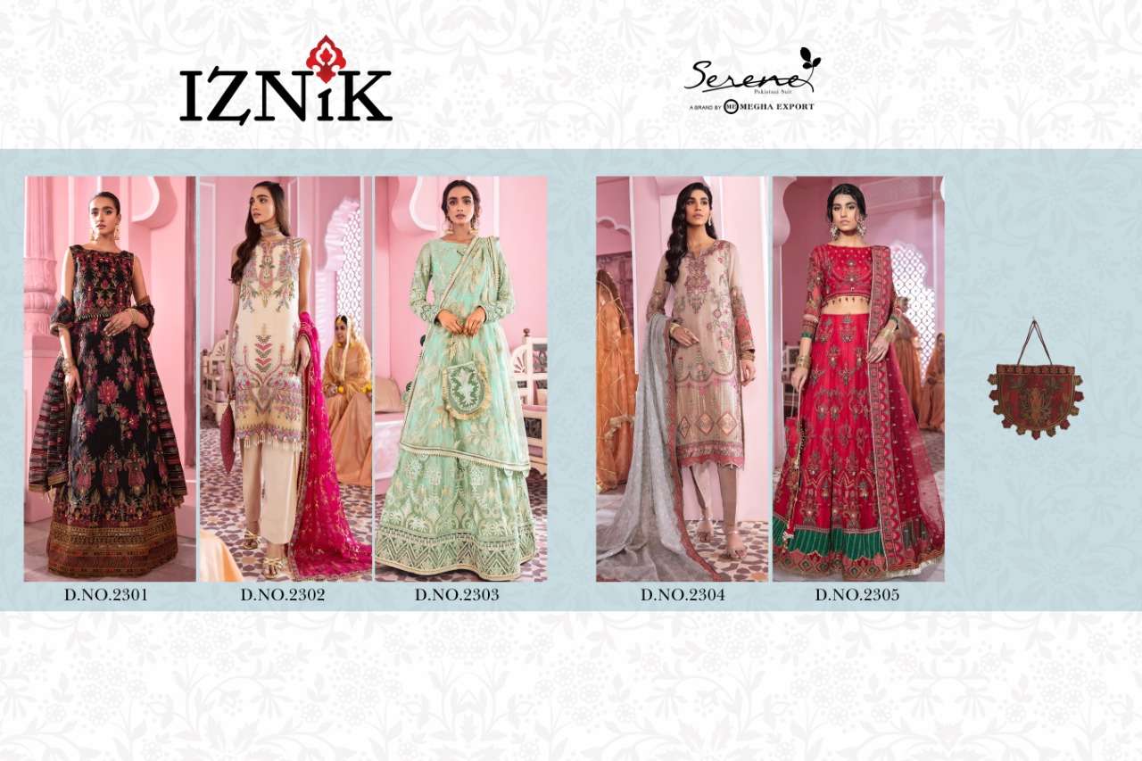 IZNIK BY SERENE 2301 TO 2305 SERIES DESIGNER PAKISTANI SUITS BEAUTIFUL STYLISH FANCY COLORFUL PARTY WEAR & OCCASIONAL WEAR FAUX GEORGETTE/BUTTERFLY NET EMBROIDERY DRESSES AT WHOLESALE PRICE