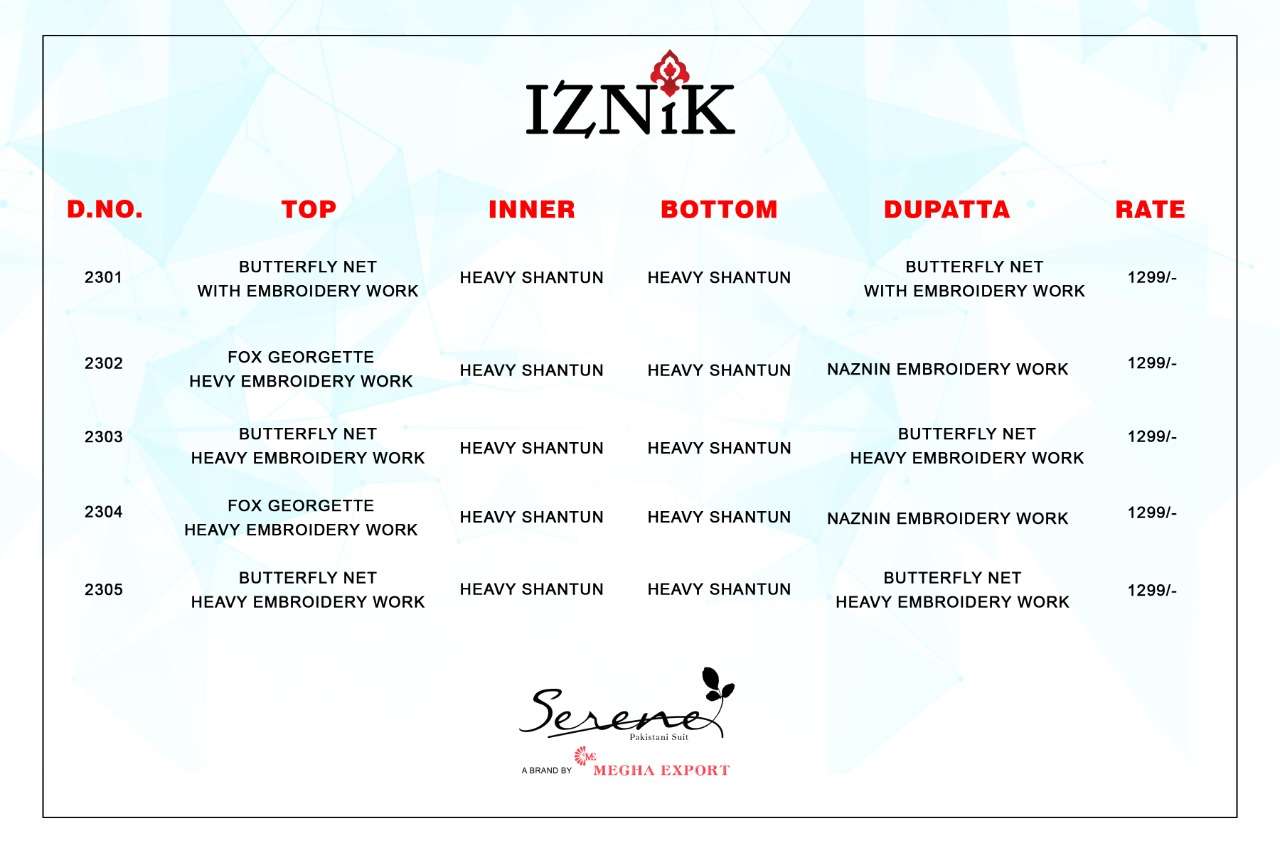IZNIK BY SERENE 2301 TO 2305 SERIES DESIGNER PAKISTANI SUITS BEAUTIFUL STYLISH FANCY COLORFUL PARTY WEAR & OCCASIONAL WEAR FAUX GEORGETTE/BUTTERFLY NET EMBROIDERY DRESSES AT WHOLESALE PRICE