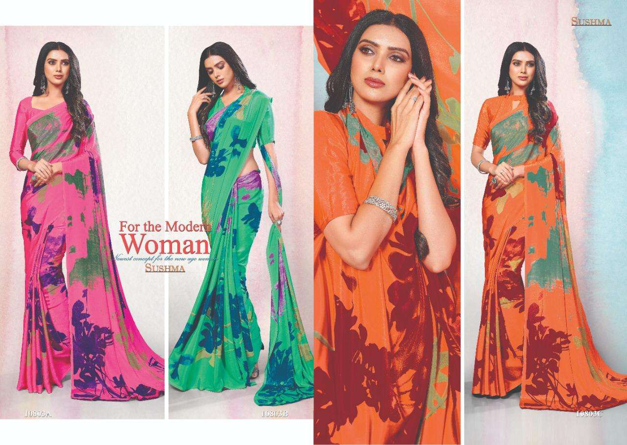 FASHION SHOW BY SUSHMA INDIAN TRADITIONAL WEAR COLLECTION BEAUTIFUL STYLISH FANCY COLORFUL PARTY WEAR & OCCASIONAL WEAR CREPE SAREES AT WHOLESALE PRICE