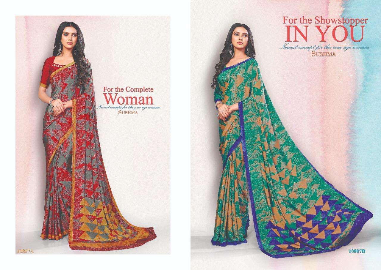 FASHION SHOW BY SUSHMA INDIAN TRADITIONAL WEAR COLLECTION BEAUTIFUL STYLISH FANCY COLORFUL PARTY WEAR & OCCASIONAL WEAR CREPE SAREES AT WHOLESALE PRICE