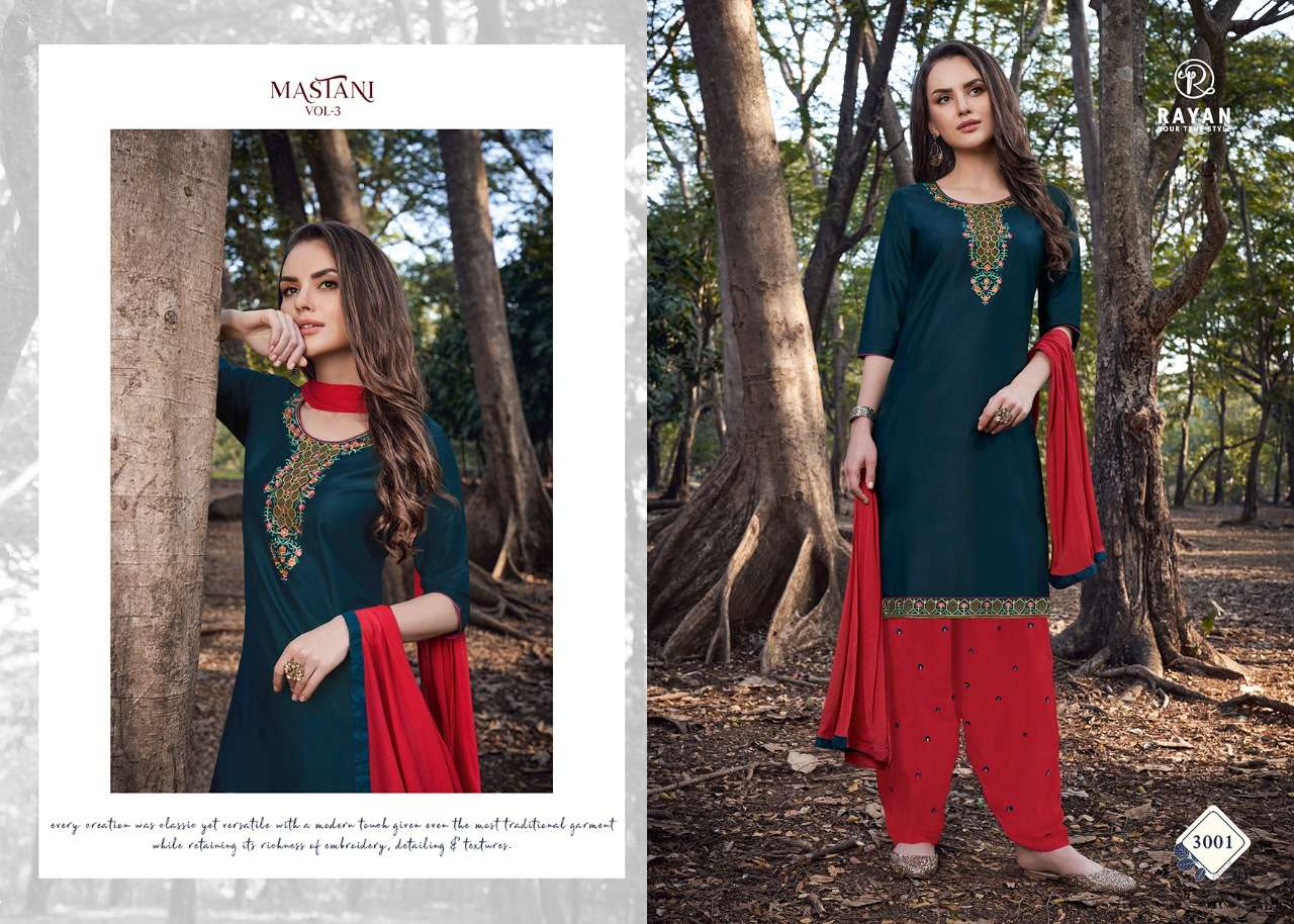 MASTANI VOL-3 BY RAYAN 3001 TO 3008 SERIES BEAUTIFUL PATIYALA SUITS COLORFUL STYLISH FANCY CASUAL WEAR & ETHNIC WEAR JAM COTTON EMBROIDERED DRESSES AT WHOLESALE PRICE